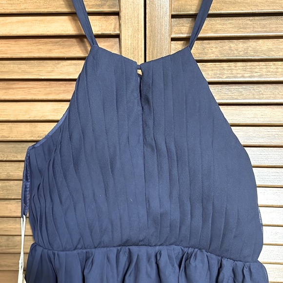 NWT Asymmetrical Chiffon Jr Bridesmaid Navy Dress Halter Spaghetti Straps Size 8 - Picture 3 of 16